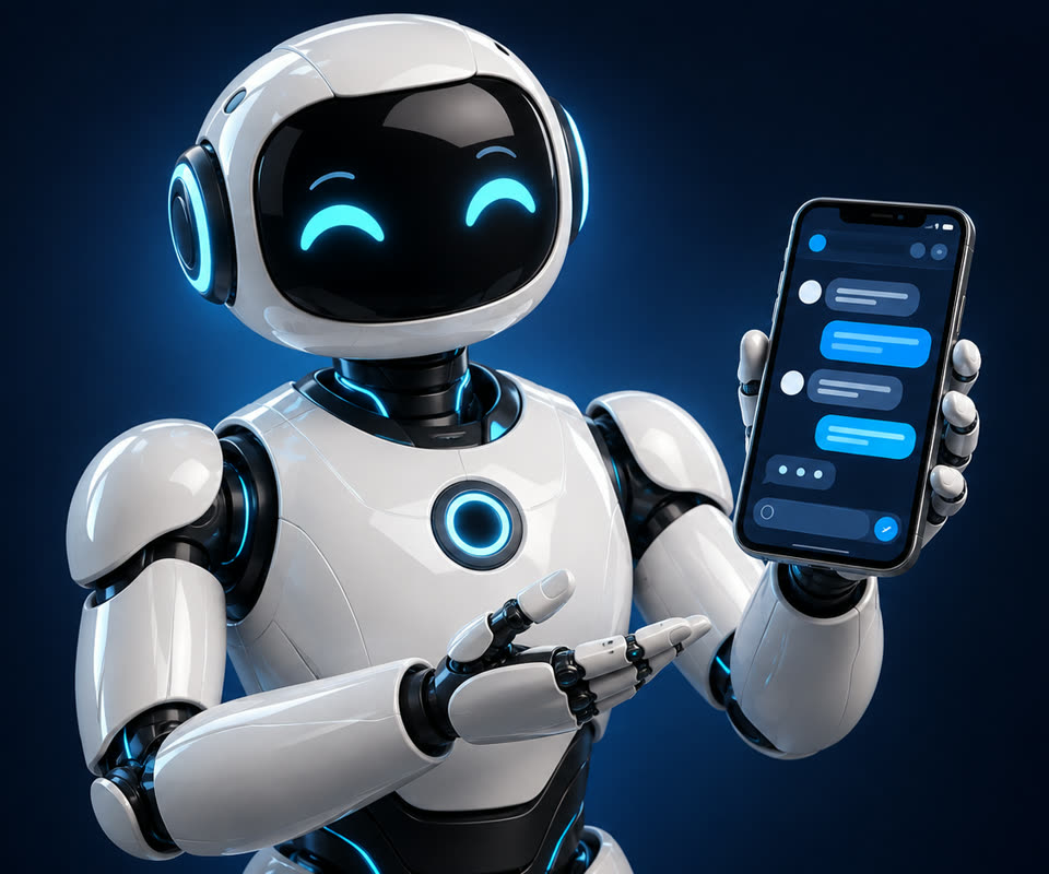 Asistente robot enseñando una conversación de WhatsApp en el móvil